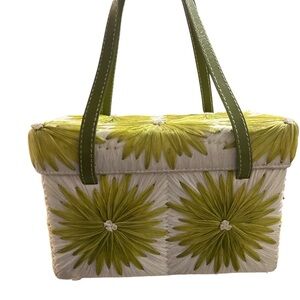 Vintage Woven natural straw Floral Women Lunch Purse Bag Box shape